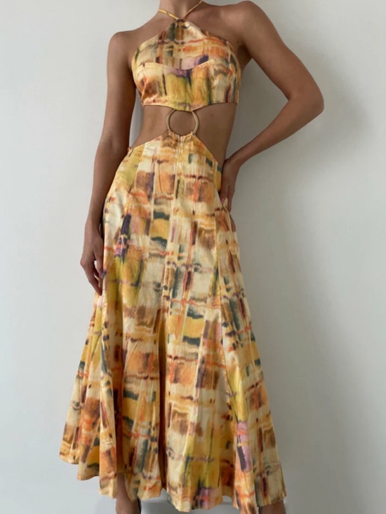 cult gaia Dresses & Skirts - Cult Gaia Nadeesha Halter Midi Dress Small Ikat Print Cutout small